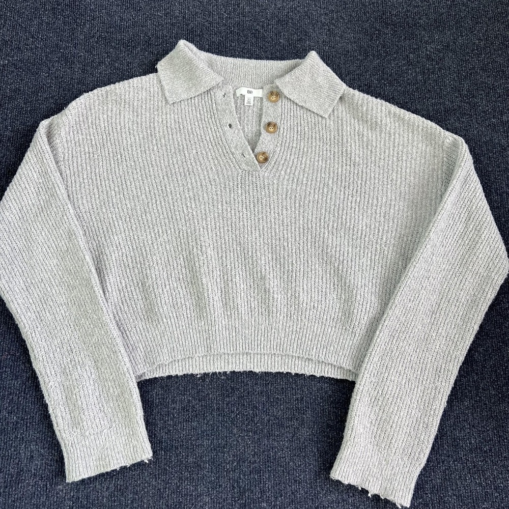 BP Sweater‎ Womens XS Gray Collared Henley Cropped Ribbed Tight-Knit Pullover